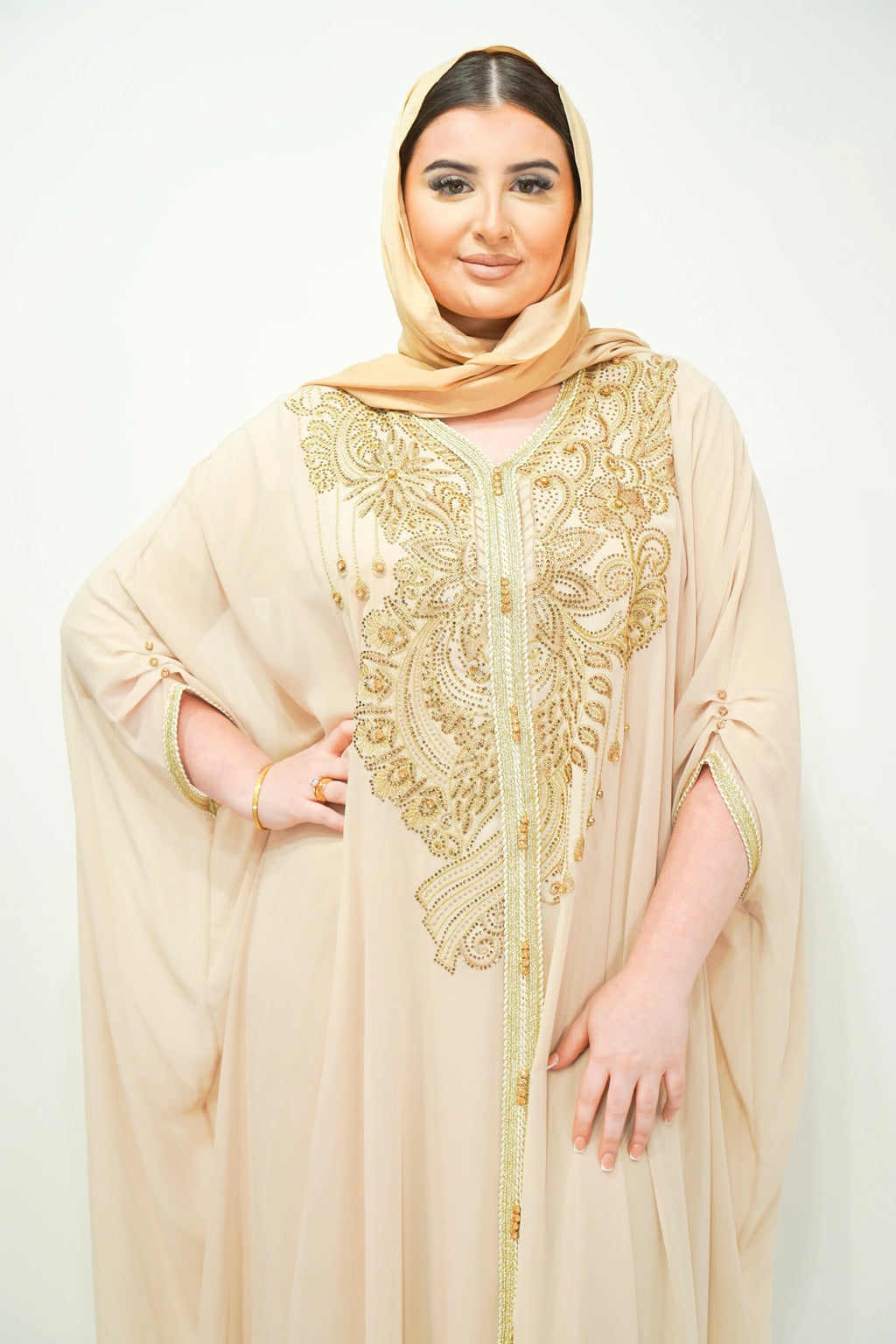 Beige Chiffon Farasha Abaya with Zari and Stone Embellishments - almanaar Islamic Store