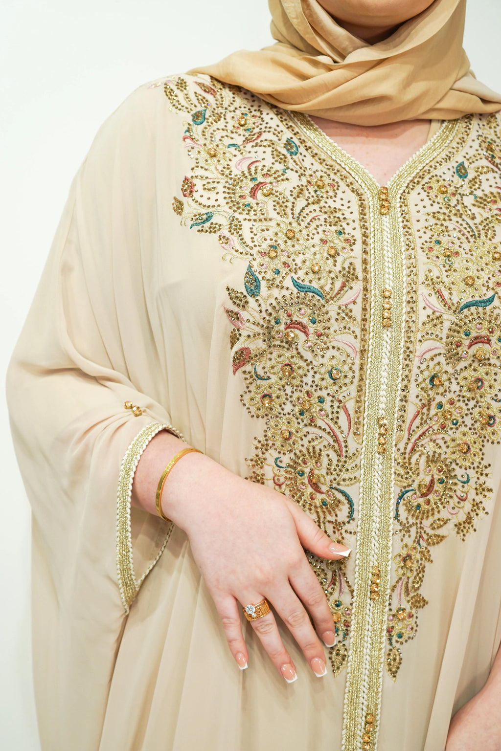 Beige Chiffon Farasha Abaya with Exquisite Embroidery and Stone Accents - almanaar Islamic Store