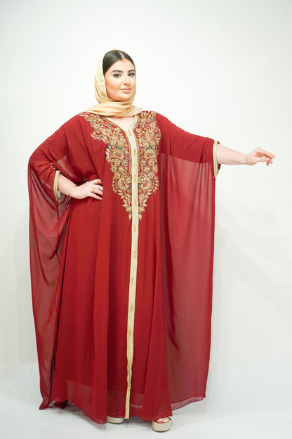 Maroon Chiffon Farasha Abaya with Exquisite Embroidery and Stone Accents