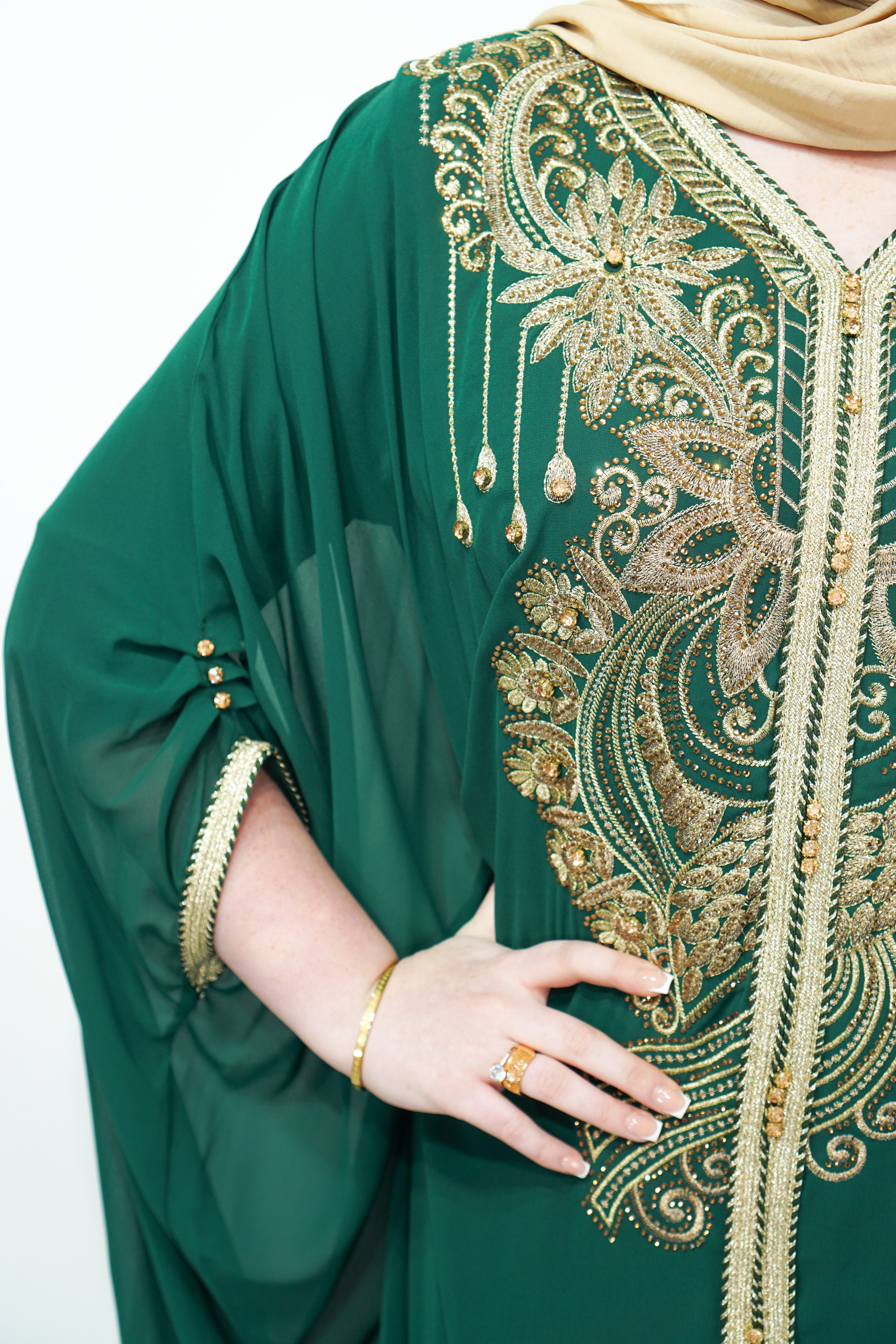 Bottle Green Chiffon Farasha Abaya with Zari and Stone Embellishments - almanaar Islamic Store