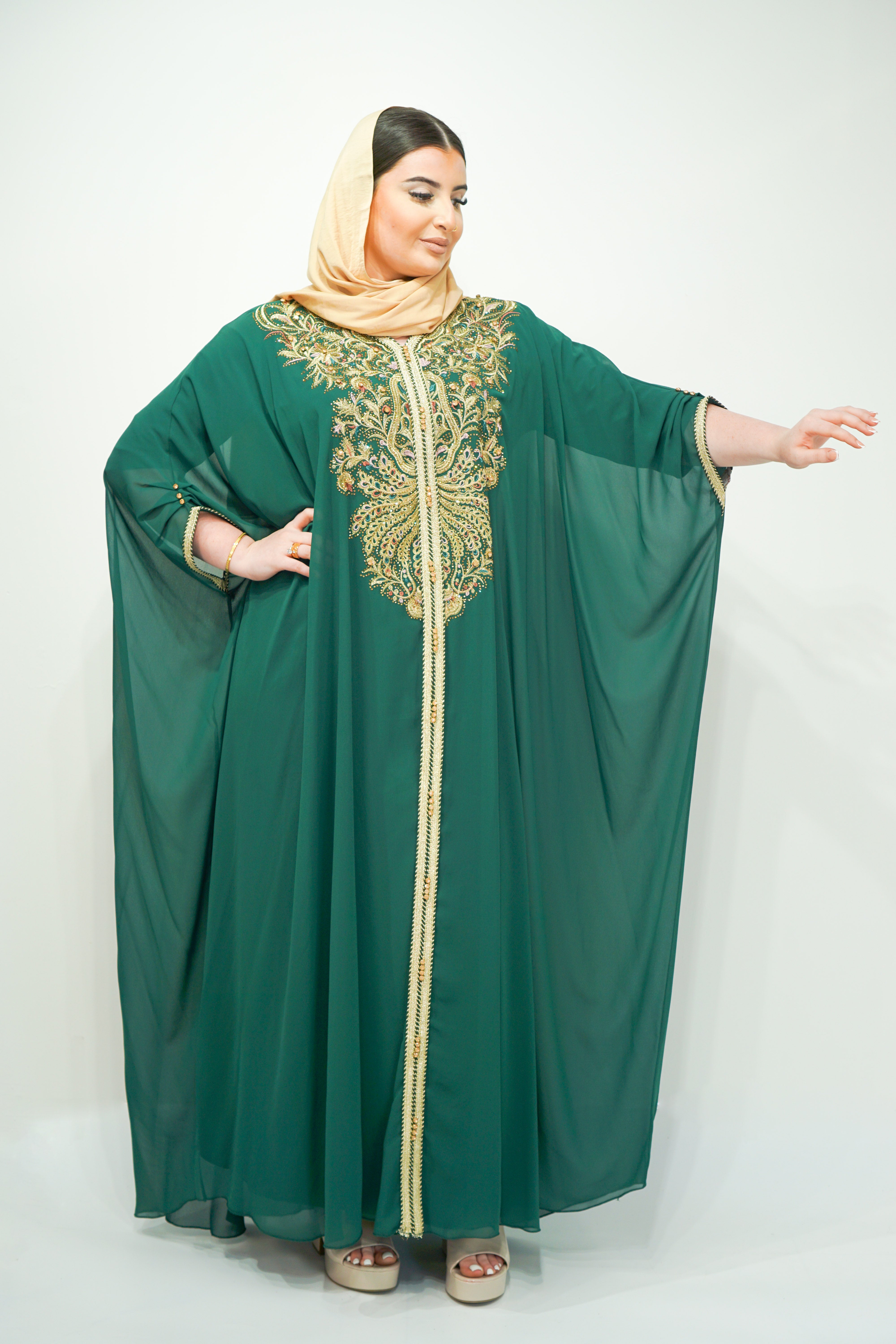 Bottle Green Chiffon Farasha Abaya with Exquisite Embroidery and Stone Accents - almanaar Islamic Store