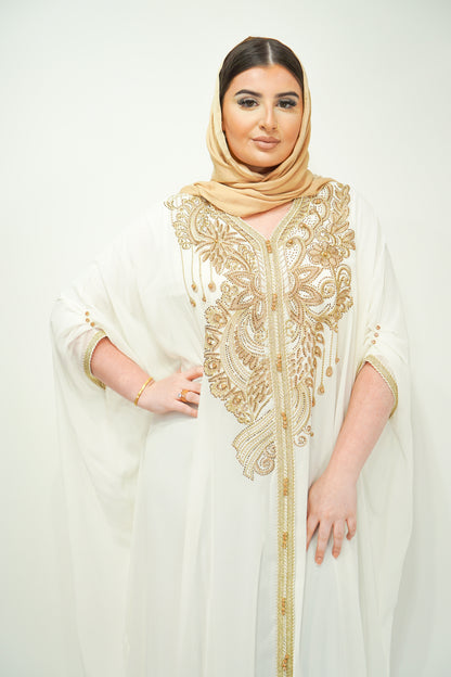 White Chiffon Farasha Abaya with Zari and Stone Embellishments