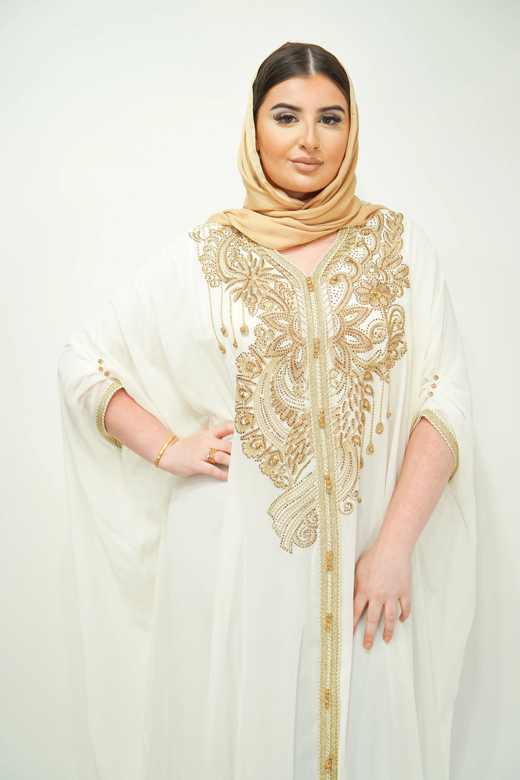 White Chiffon Farasha Abaya with Zari and Stone Embellishments - almanaar Islamic Store