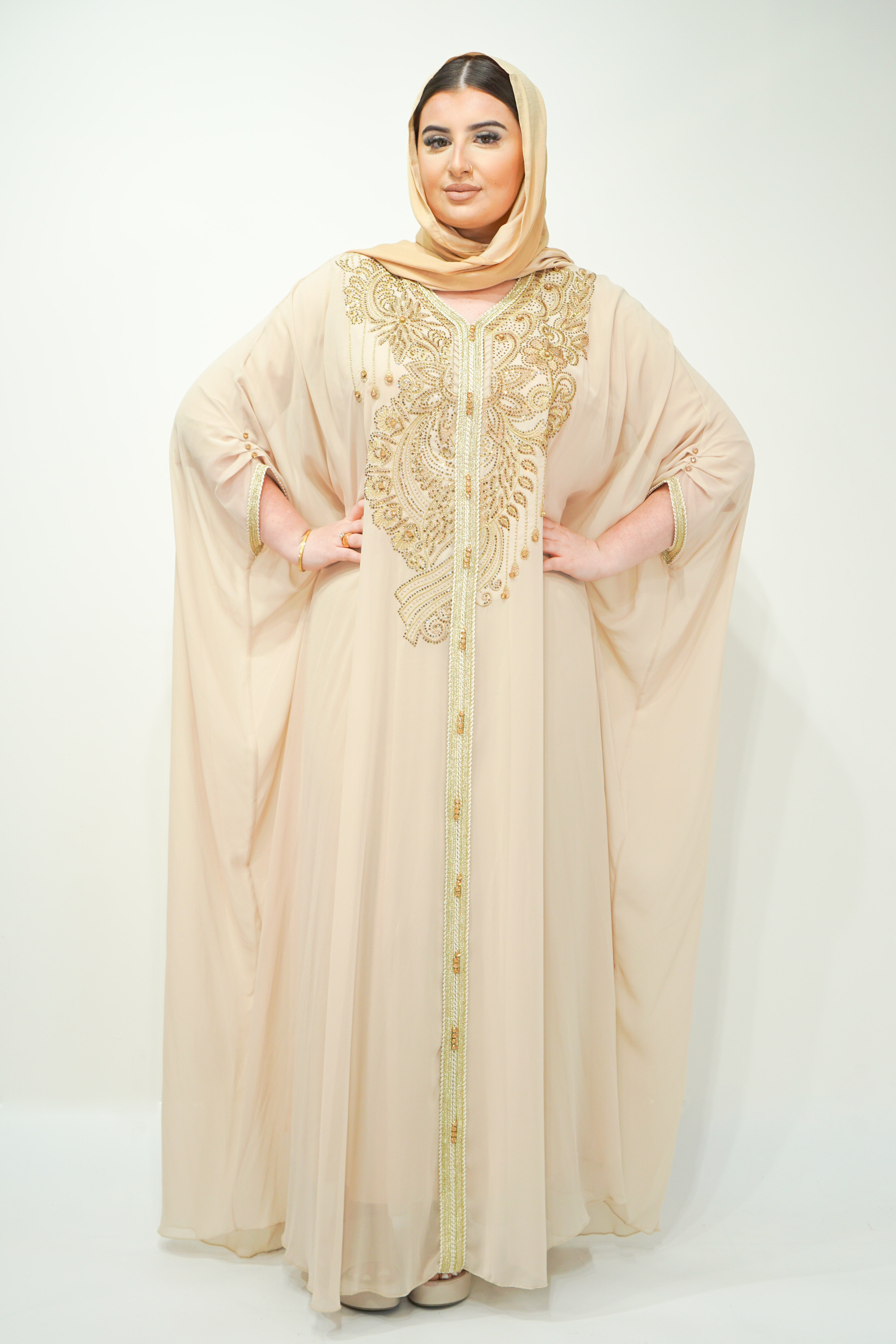 Beige Chiffon Farasha Abaya with Zari and Stone Embellishments - almanaar Islamic Store