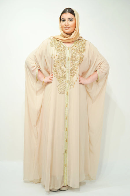 Beige Chiffon Farasha Abaya with Zari and Stone Embellishments - almanaar Islamic Store