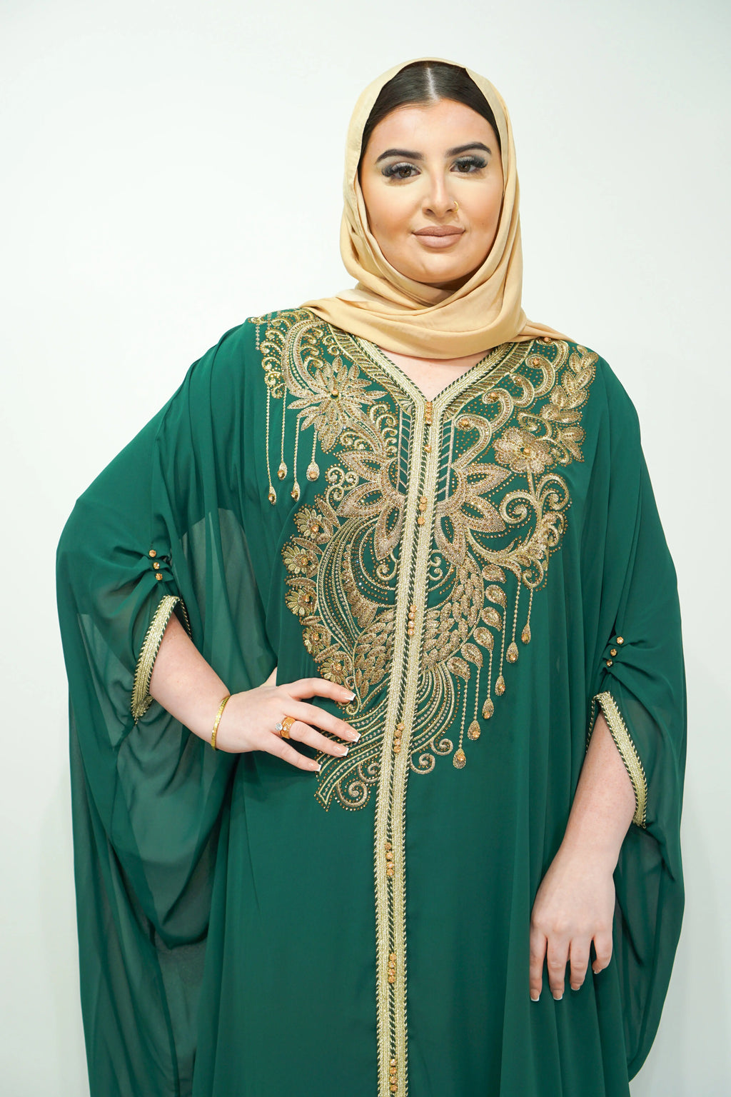 Bottle Green Chiffon Farasha Abaya with Zari and Stone Embellishments - almanaar Islamic Store