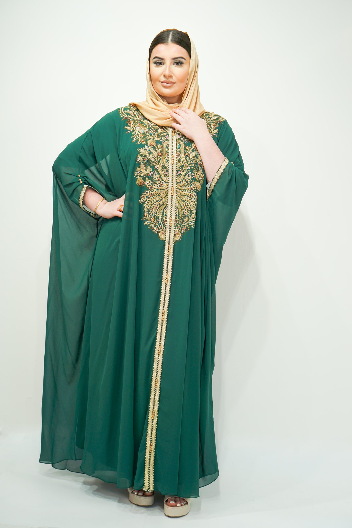 Bottle Green Chiffon Farasha Abaya with Exquisite Embroidery and Stone Accents