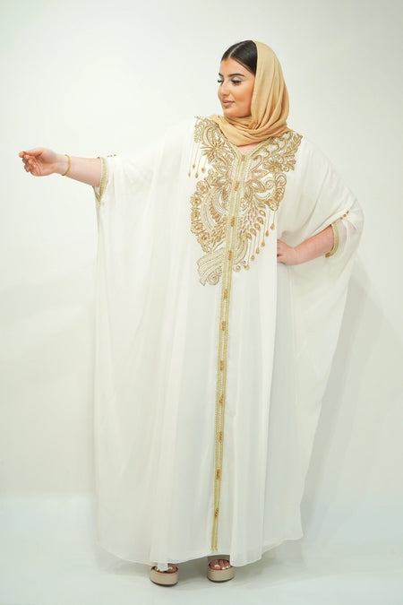 White Chiffon Farasha Abaya with Zari and Stone Embellishments - almanaar Islamic Store