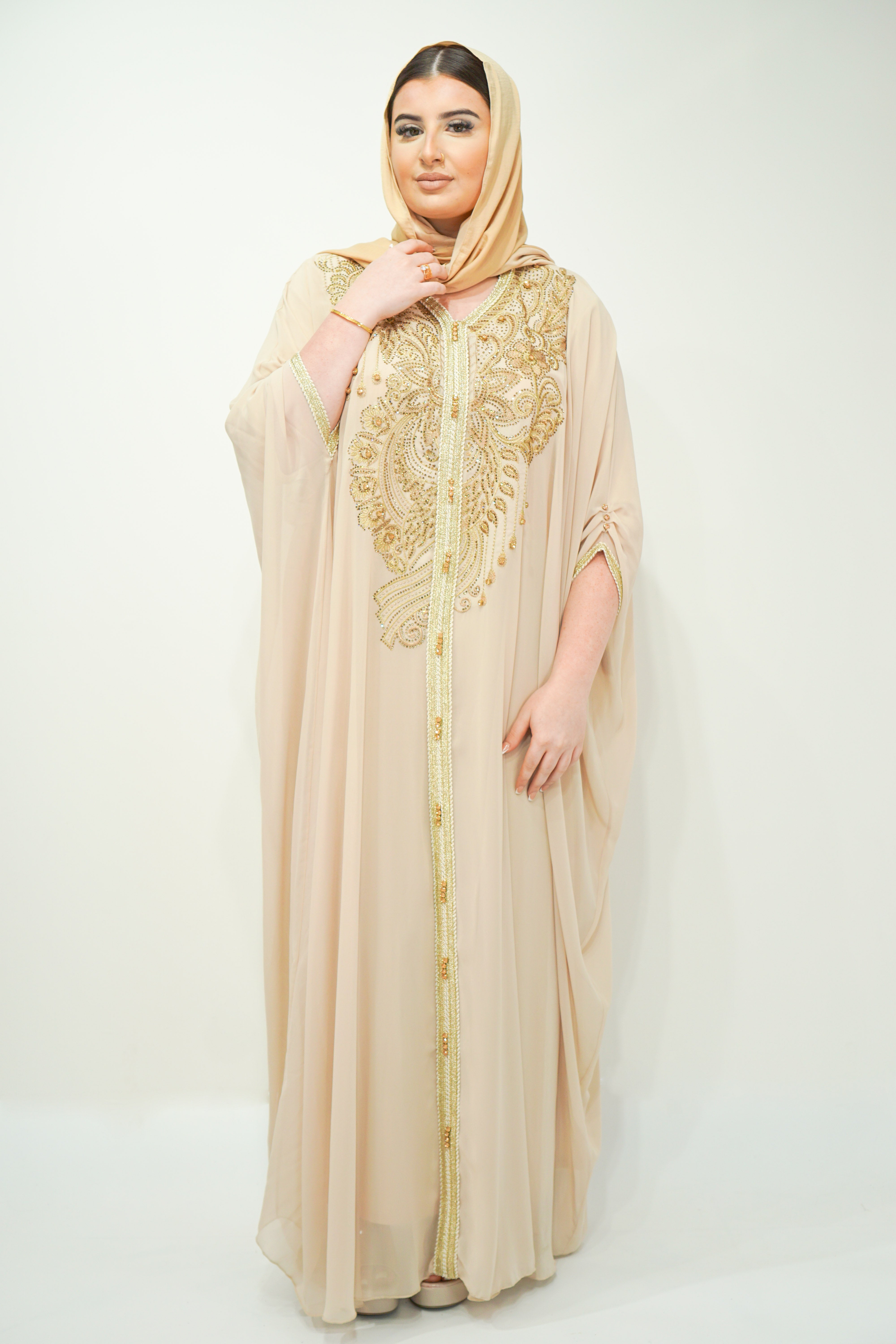 Beige Chiffon Farasha Abaya with Zari and Stone Embellishments - almanaar Islamic Store