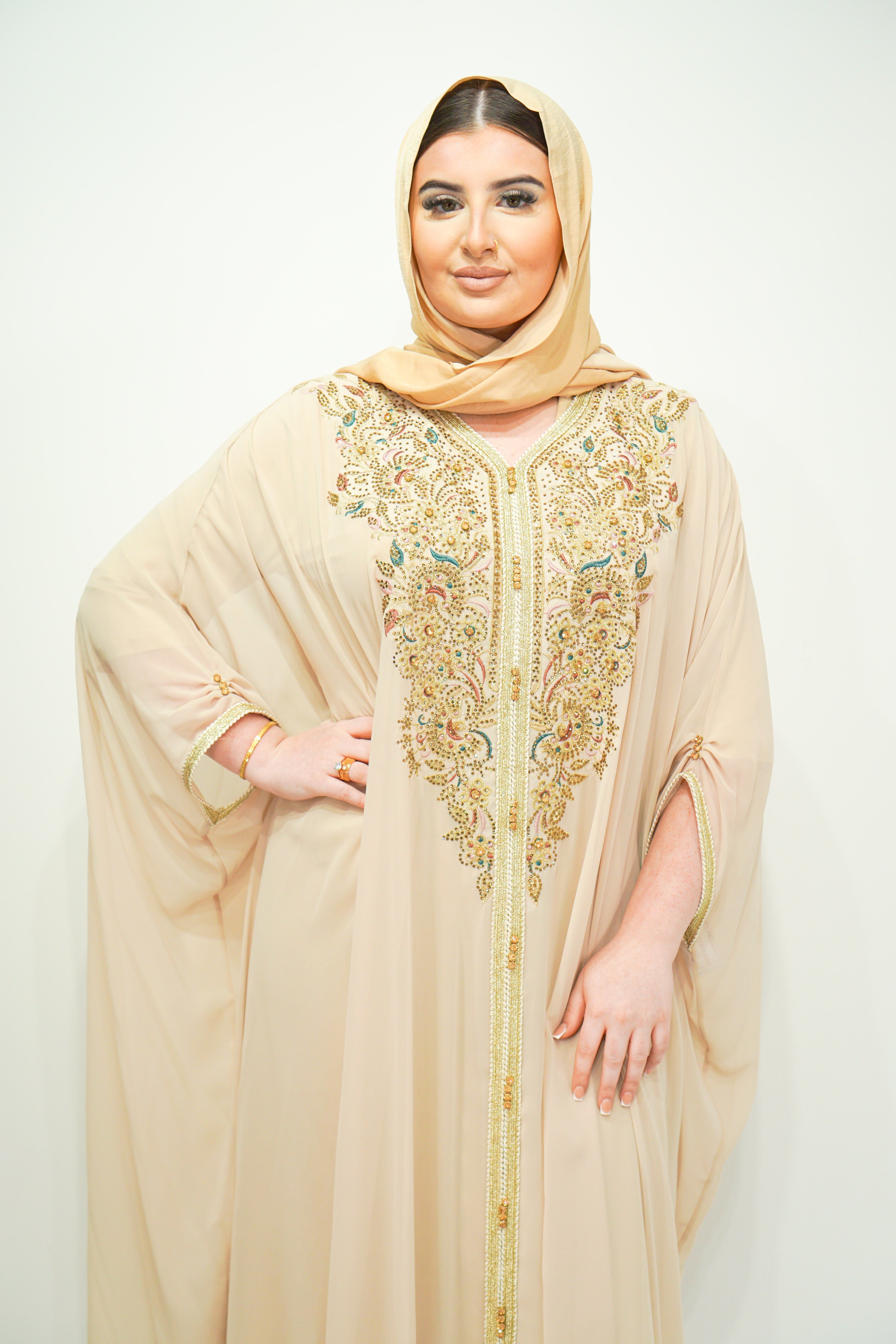 Beige Chiffon Farasha Abaya with Exquisite Embroidery and Stone Accents - almanaar Islamic Store