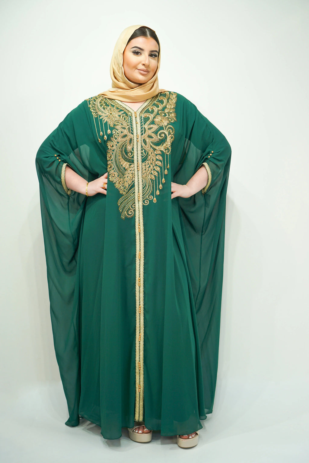 Bottle Green Chiffon Farasha Abaya with Zari and Stone Embellishments - almanaar Islamic Store