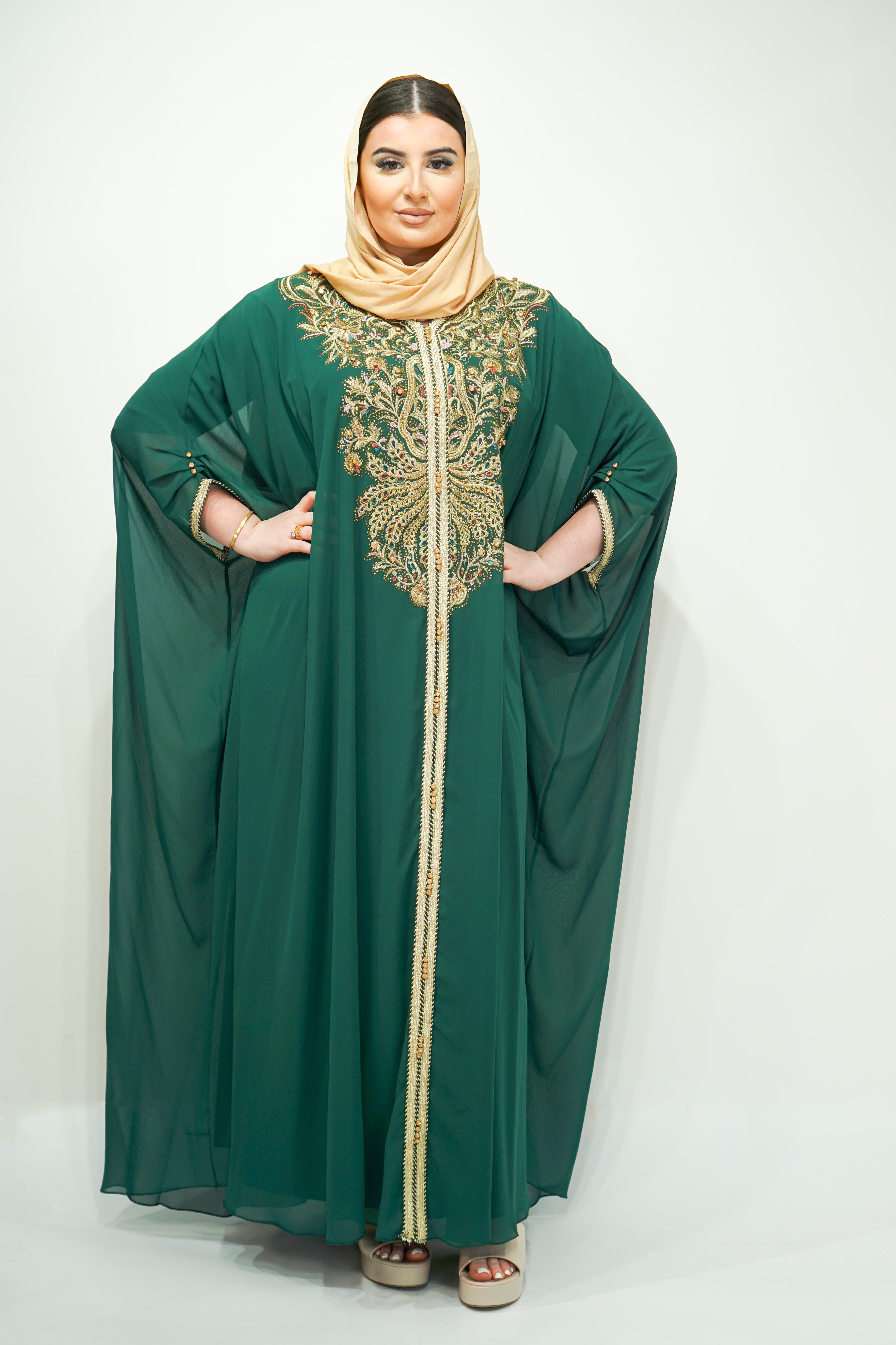 Bottle Green Chiffon Farasha Abaya with Exquisite Embroidery and Stone Accents - almanaar Islamic Store