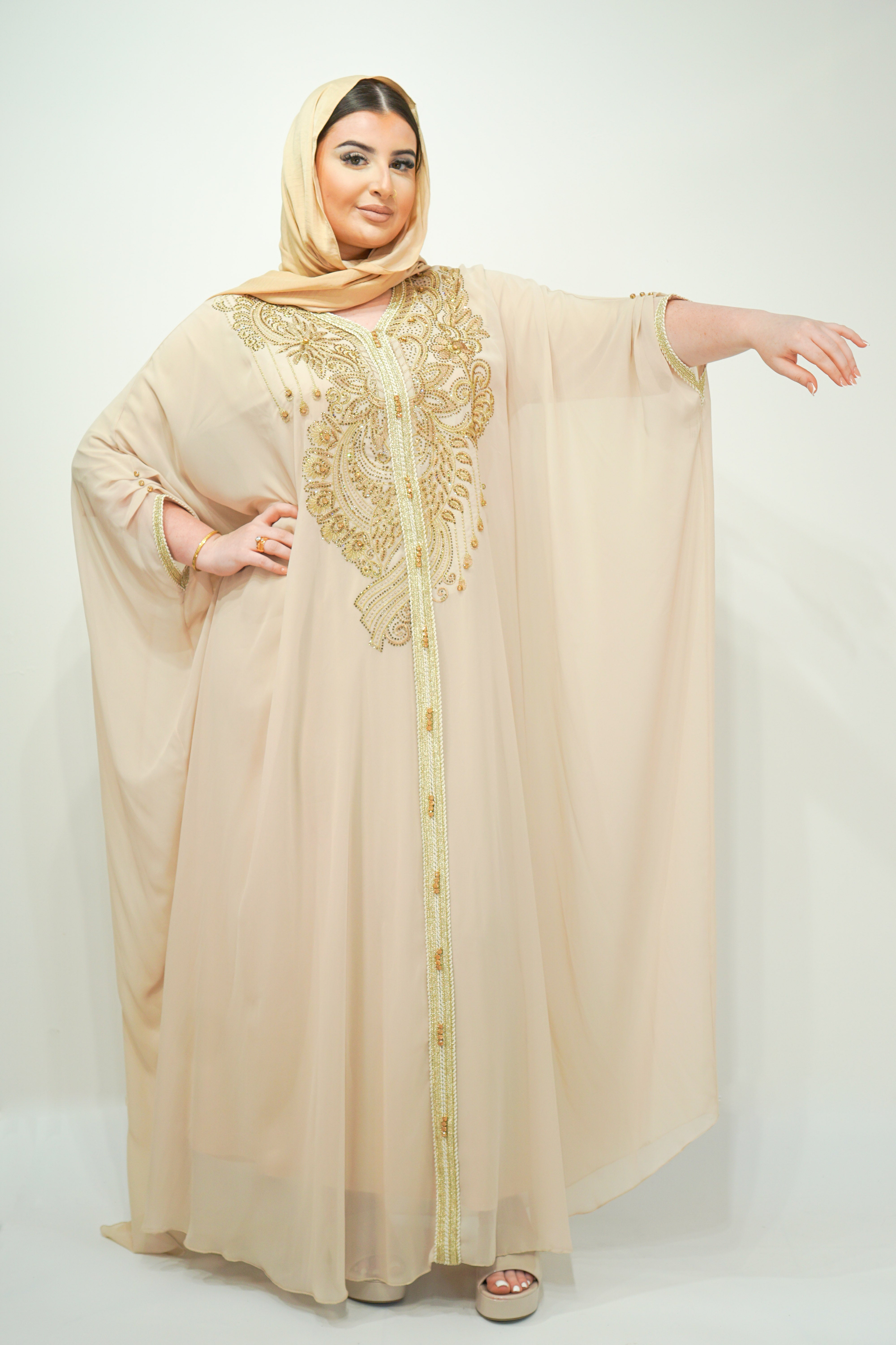 Beige Chiffon Farasha Abaya with Zari and Stone Embellishments - almanaar Islamic Store