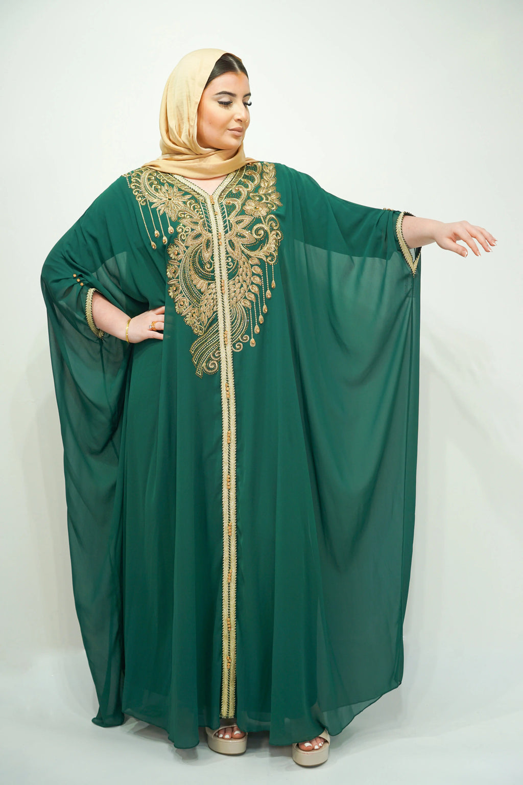 Bottle Green Chiffon Farasha Abaya with Zari and Stone Embellishments - almanaar Islamic Store