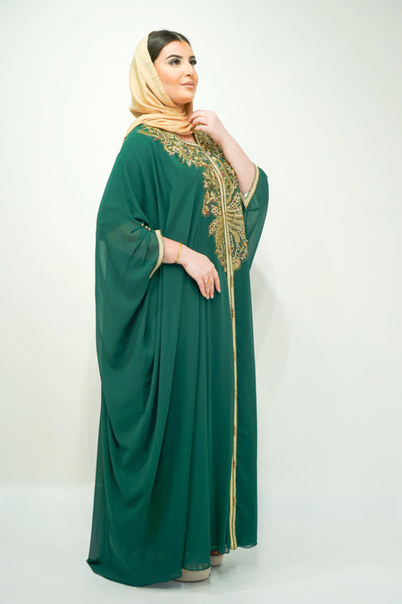 Bottle Green Chiffon Farasha Abaya with Exquisite Embroidery and Stone Accents - almanaar Islamic Store