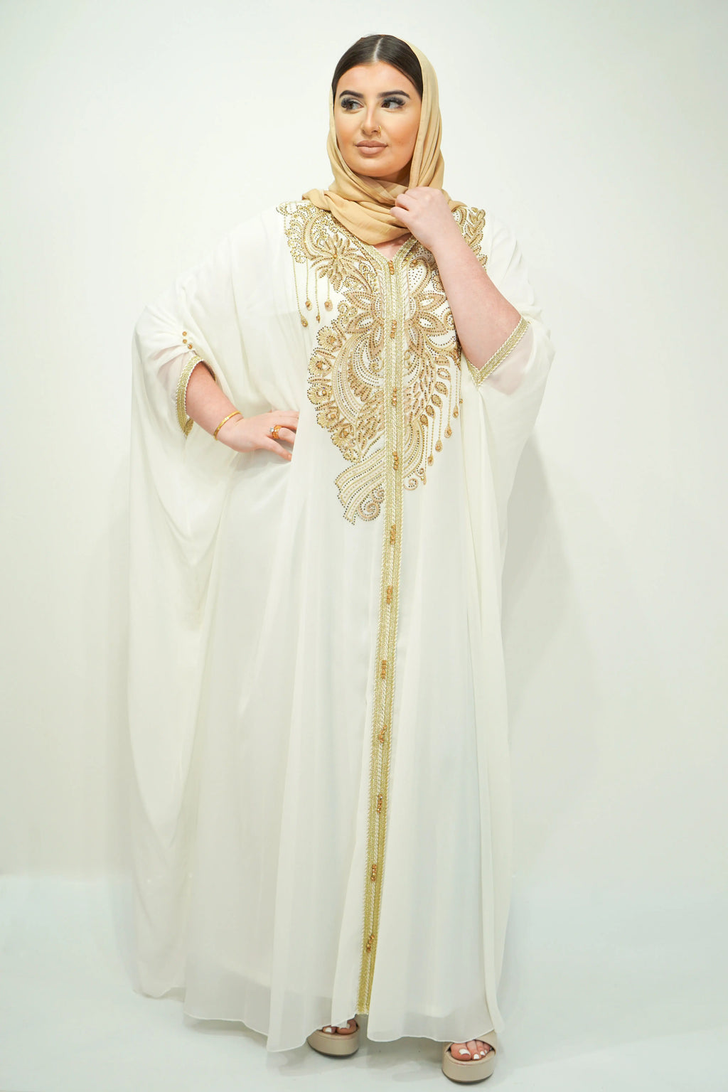 White Chiffon Farasha Abaya with Zari and Stone Embellishments - almanaar Islamic Store