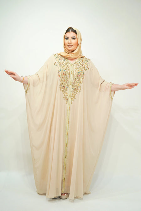 Beige Chiffon Farasha Abaya with Exquisite Embroidery and Stone Accents - almanaar Islamic Store