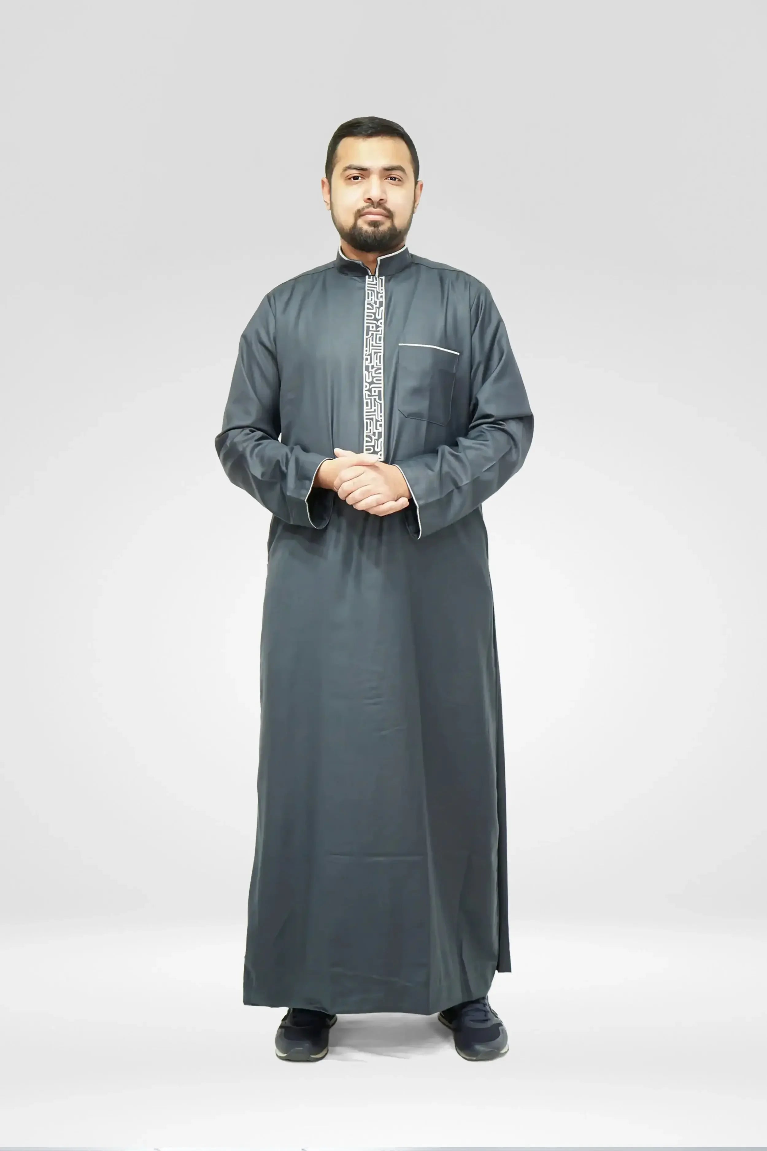 Dark Grey Luxury Designer Thobe With Collar - almanaar Islamic Store