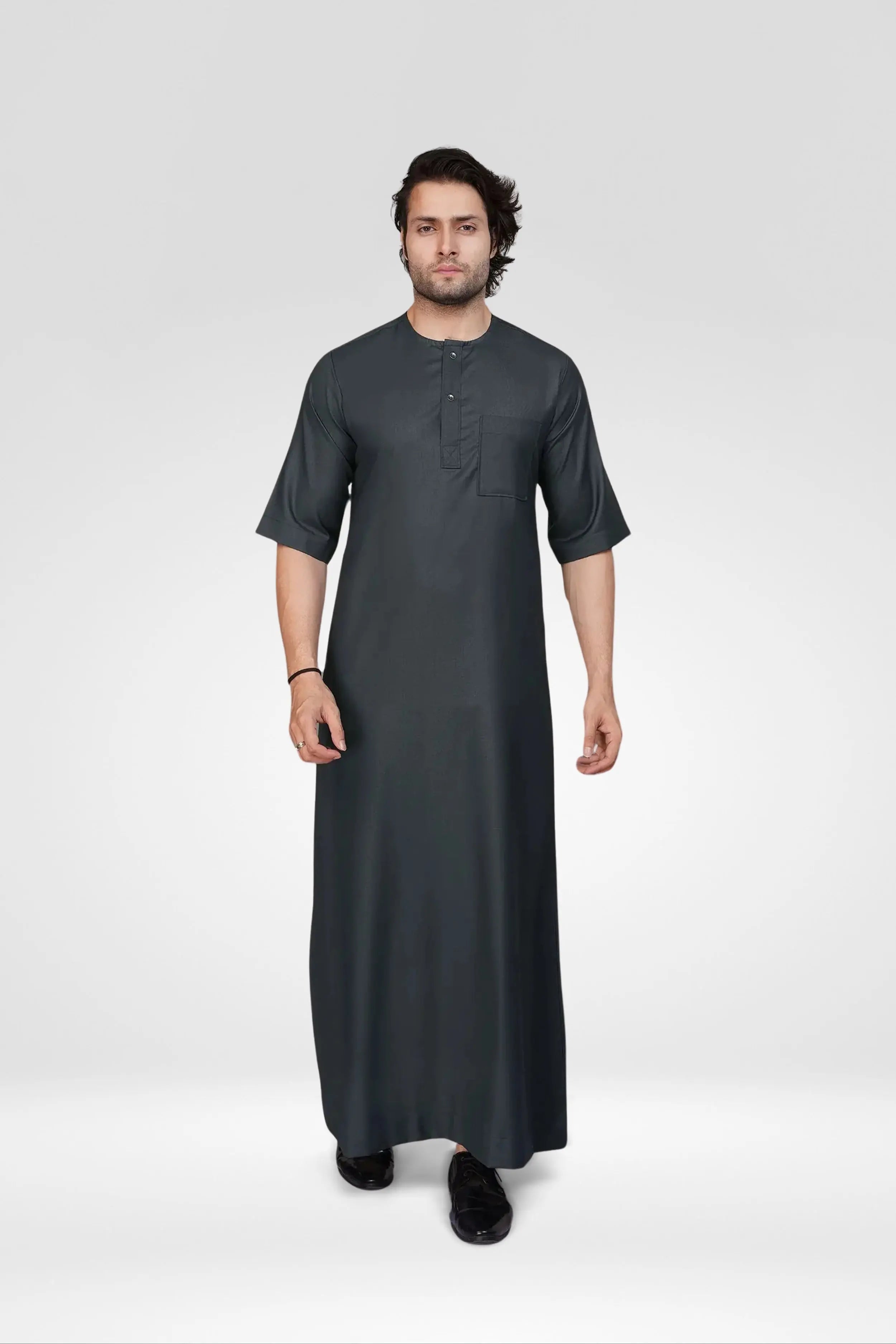 Dark Grey Short Sleeve Thobe With Buttons almanaar