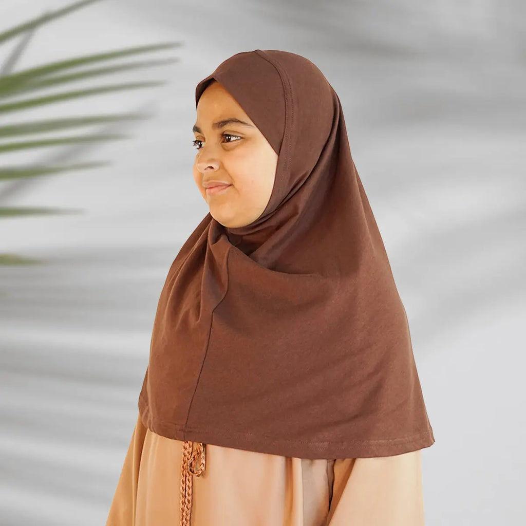 Children’s Plain Cotton Pull-On Hijab Dark Brown Almanaar