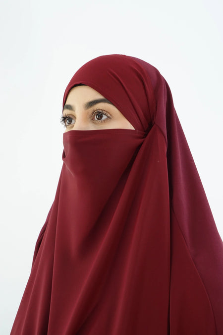 Two-Layer Khimar with Niqab – Modina Silk & Chiffon Maroon almanaar Islamic Store