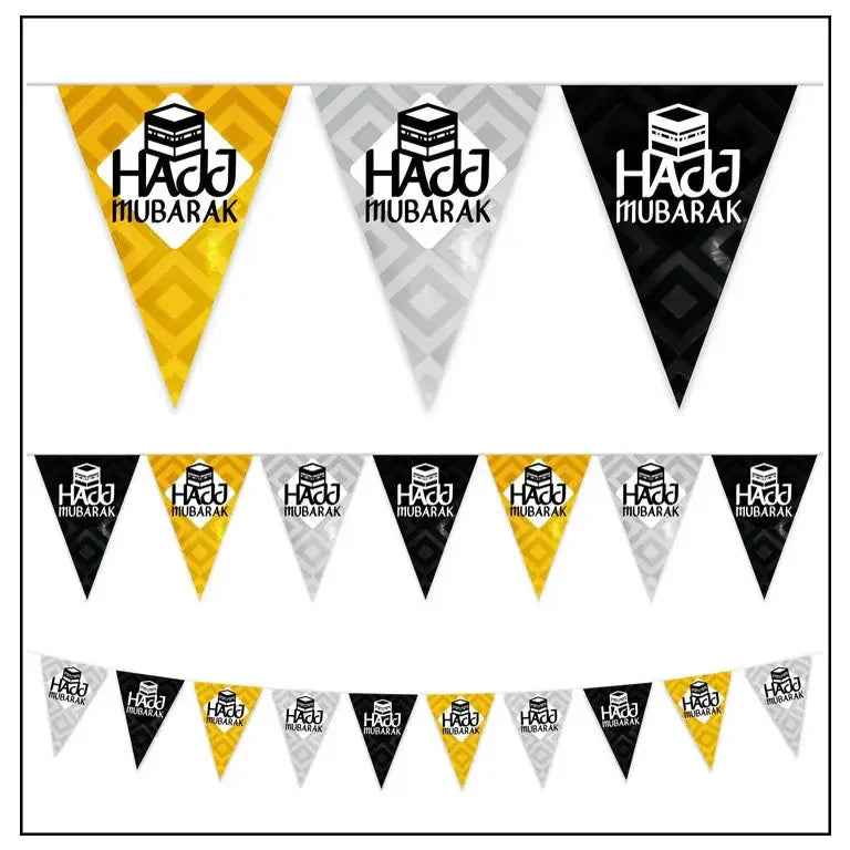 Hajj Mubarak Bunting Kaaba Plastic Triangle Black, White & Gold - 10 meters