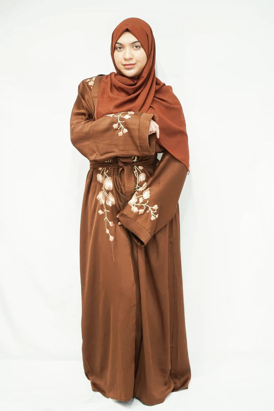 Open Jhoom Abaya with Belt and Sleeves Embroidery Brown