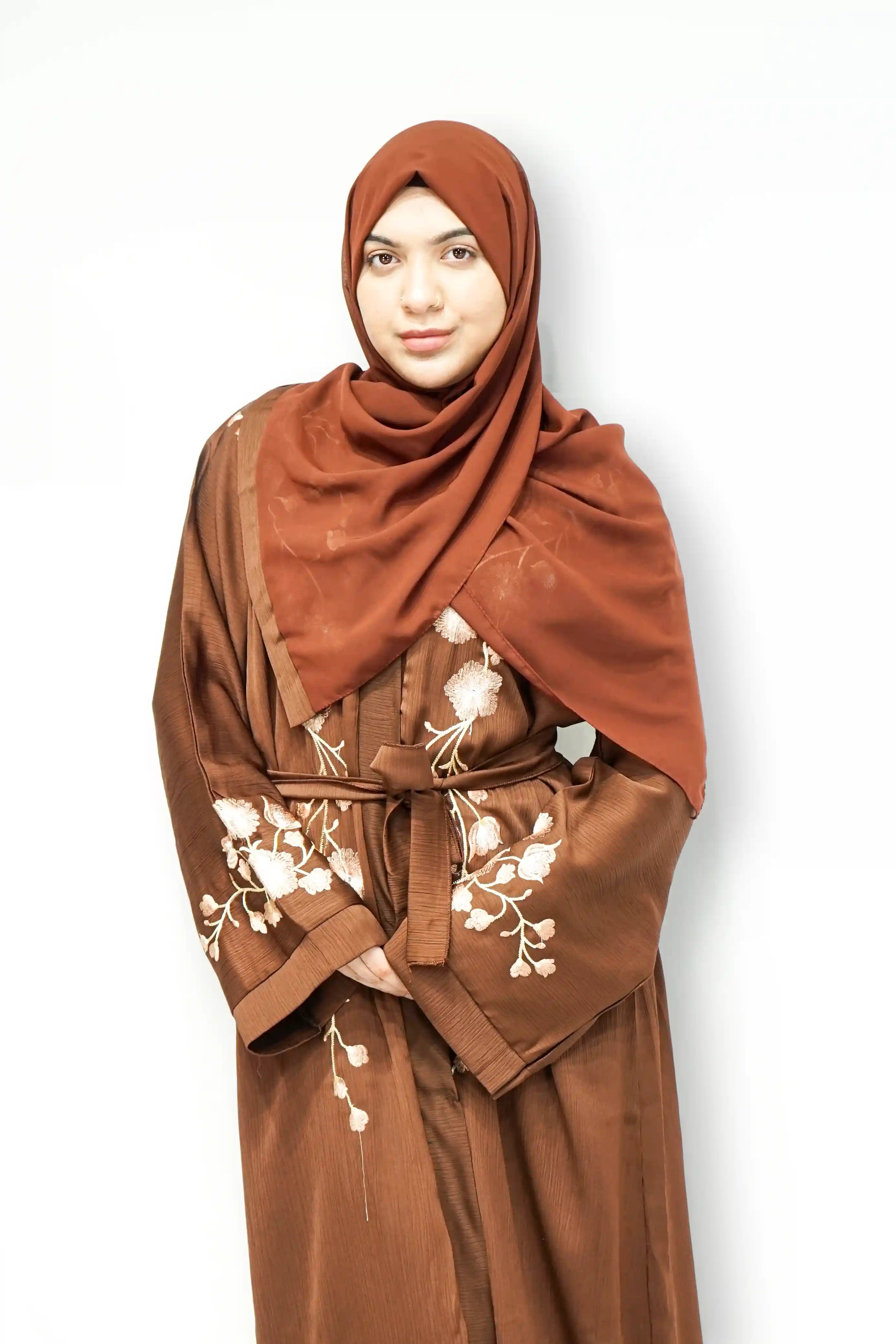 Open Jhoom Abaya with Belt and Sleeves Embroidery Brown - almanaar Islamic Store