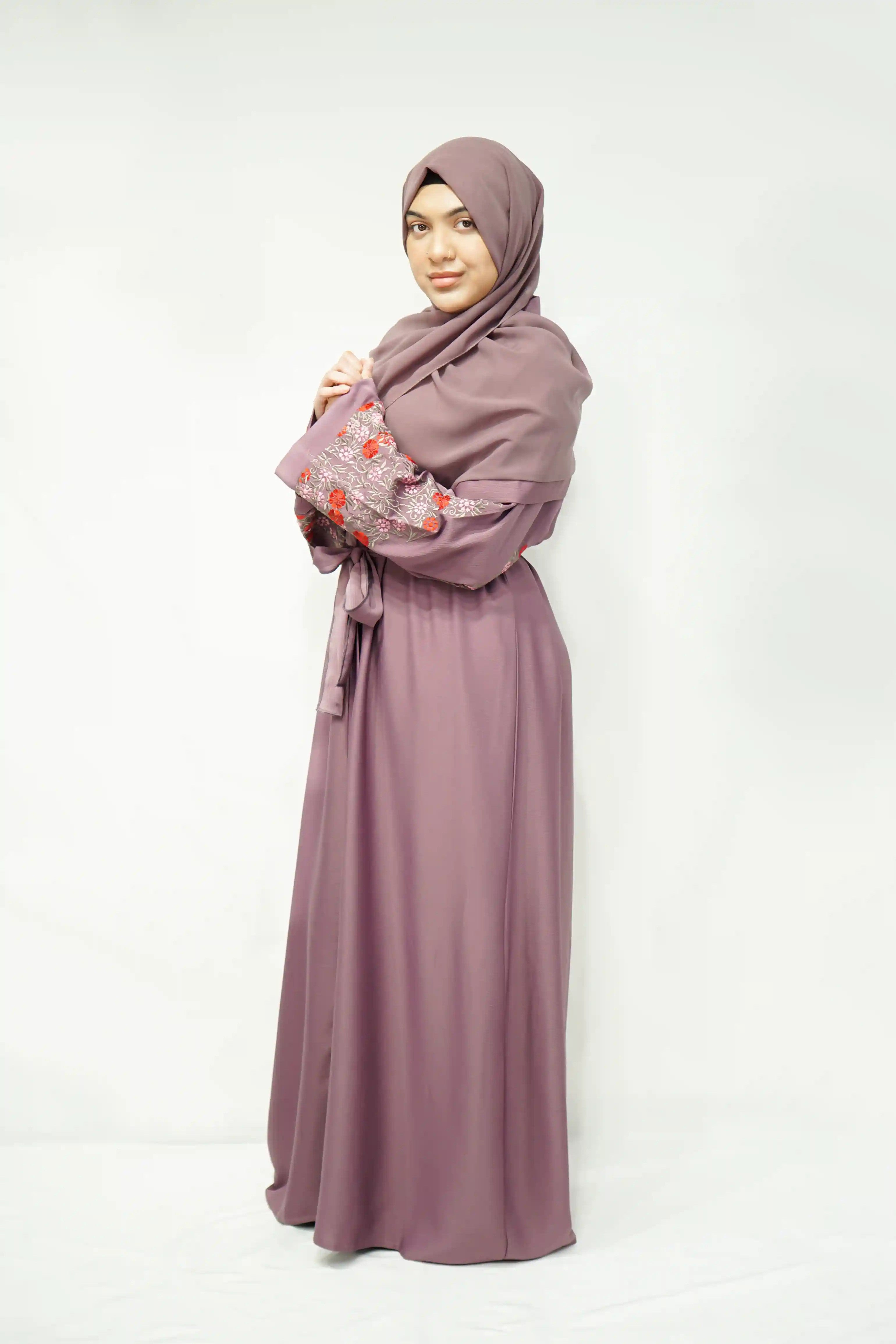 Open Jhoom Abaya with Belt and Sleeves Embroidery Lilac - almanaar Islamic Store