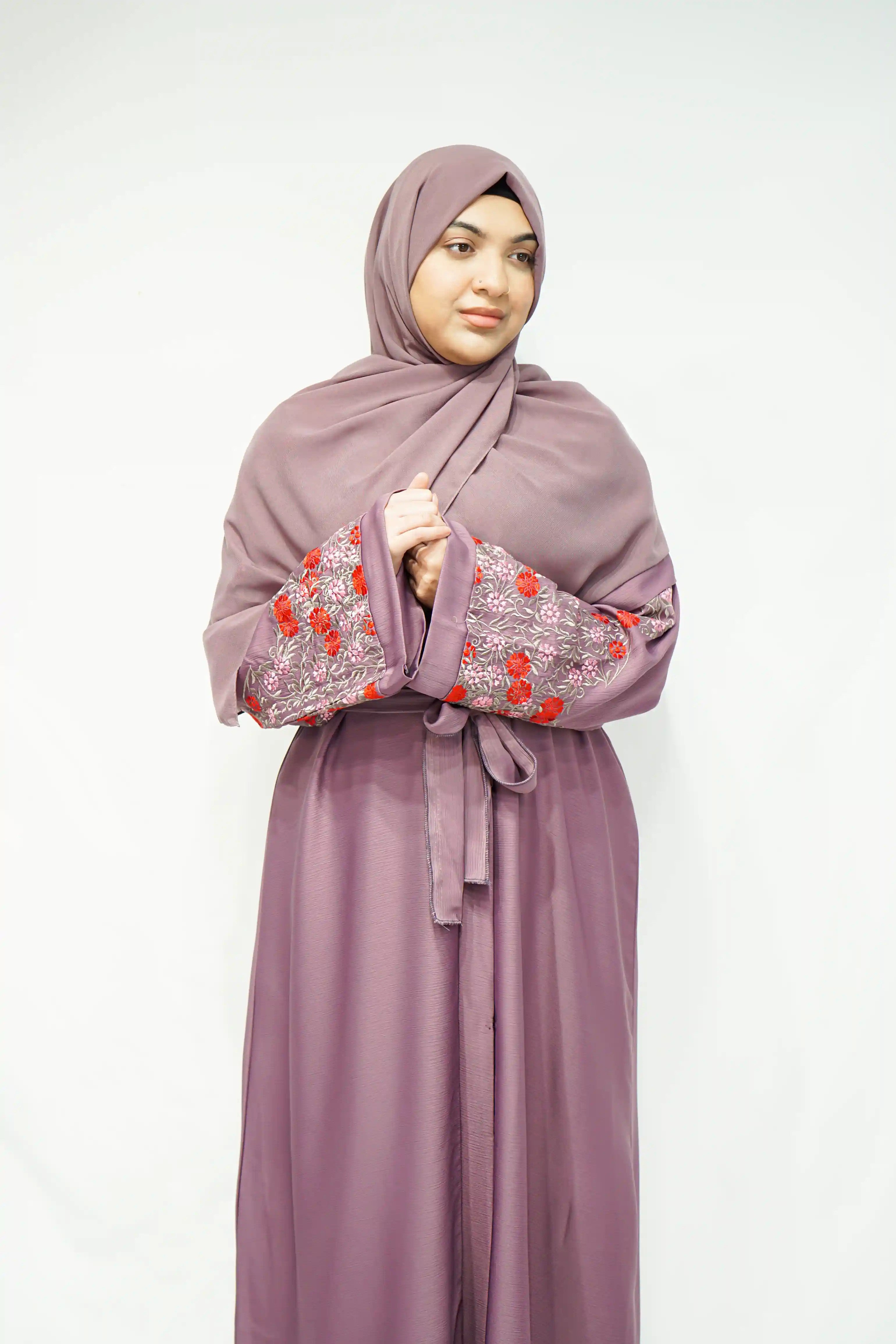 Open Jhoom Abaya with Belt and Sleeves Embroidery Lilac - almanaar Islamic Store