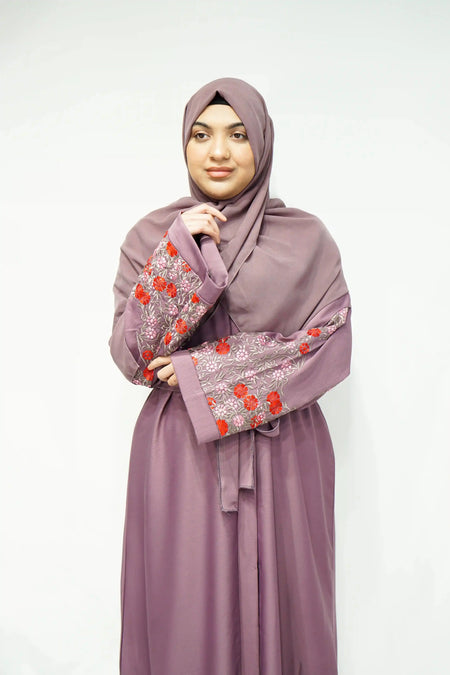 Open Jhoom Abaya with Belt and Sleeves Embroidery Lilac - almanaar Islamic Store