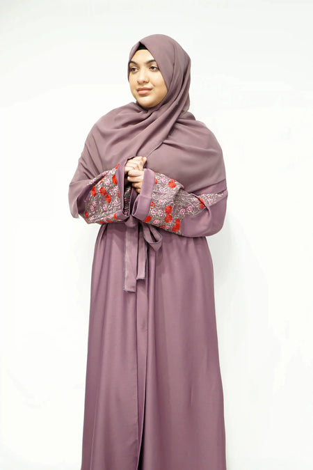 Open Jhoom Abaya with Belt and Sleeves Embroidery Lilac - almanaar Islamic Store