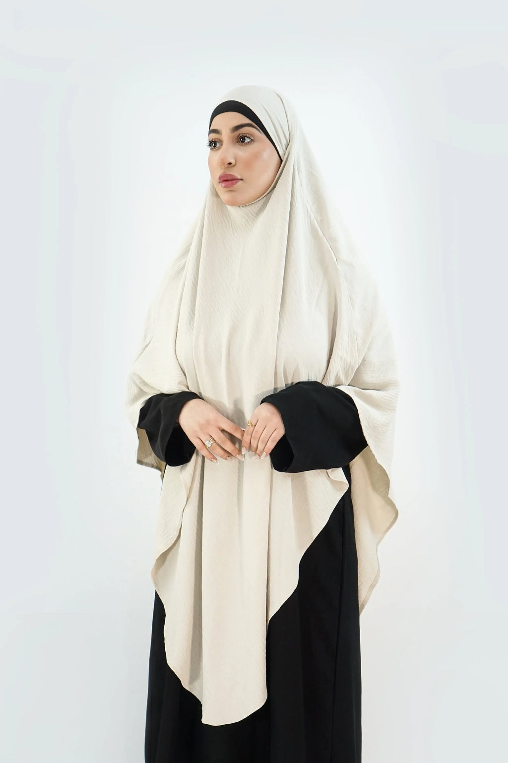 Elegant Long Khimar – Seaway Fabric in Beige almanaar Islamic Store