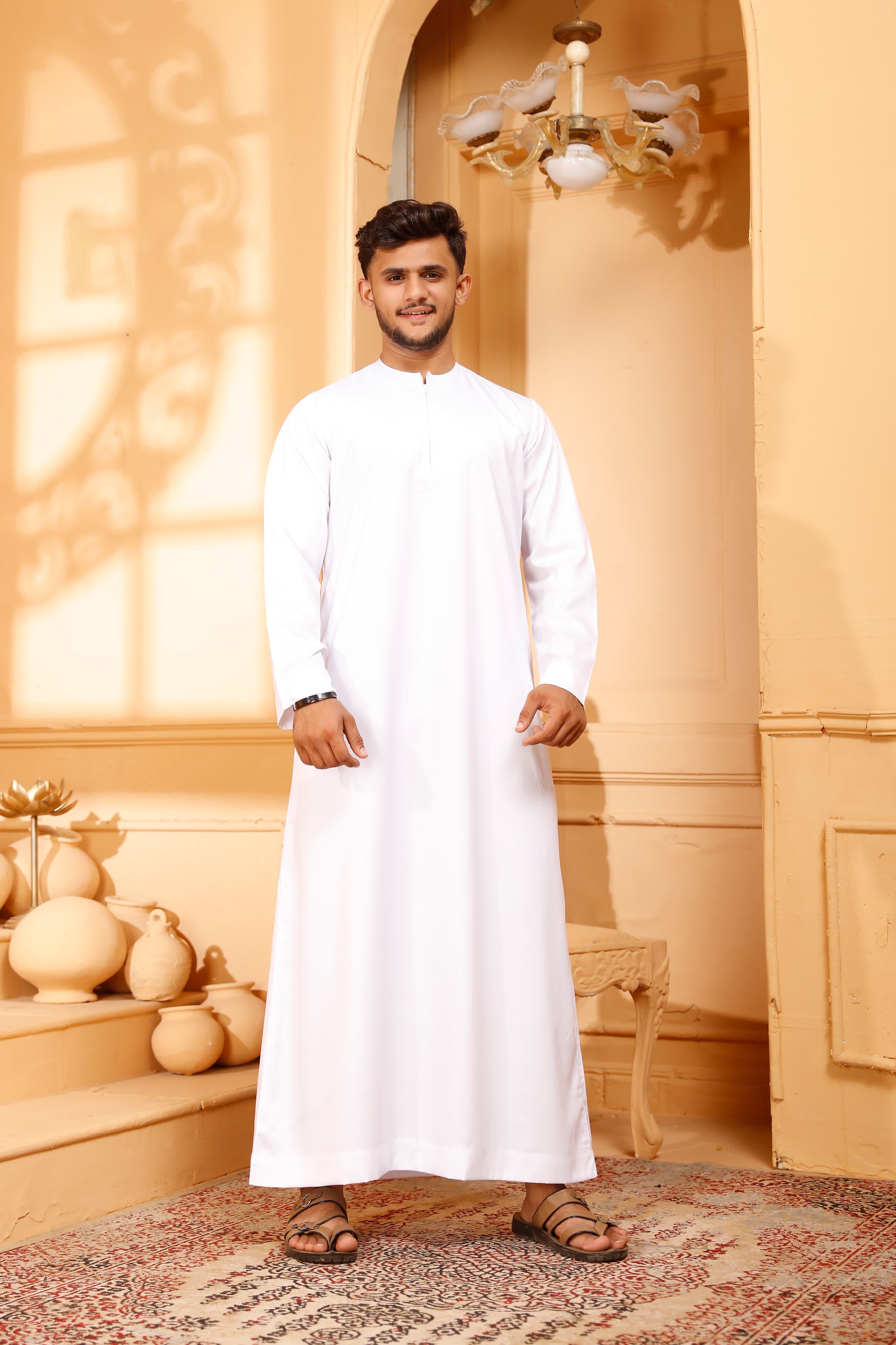 Matte White Omani Thobe Collarless With Zip - almanaar Islamic Store