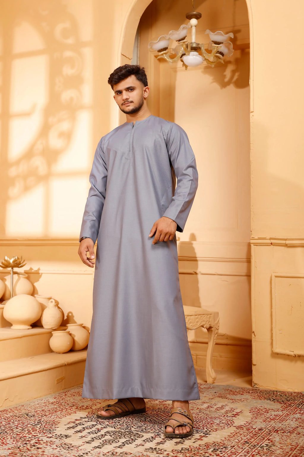 Matte Grey Omani Thobe Collarless With Zip - almanaar Islamic Store