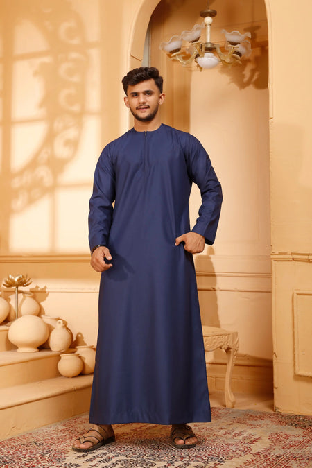 Matte Blue Omani Thobe Collarless With Zip - almanaar Islamic Store