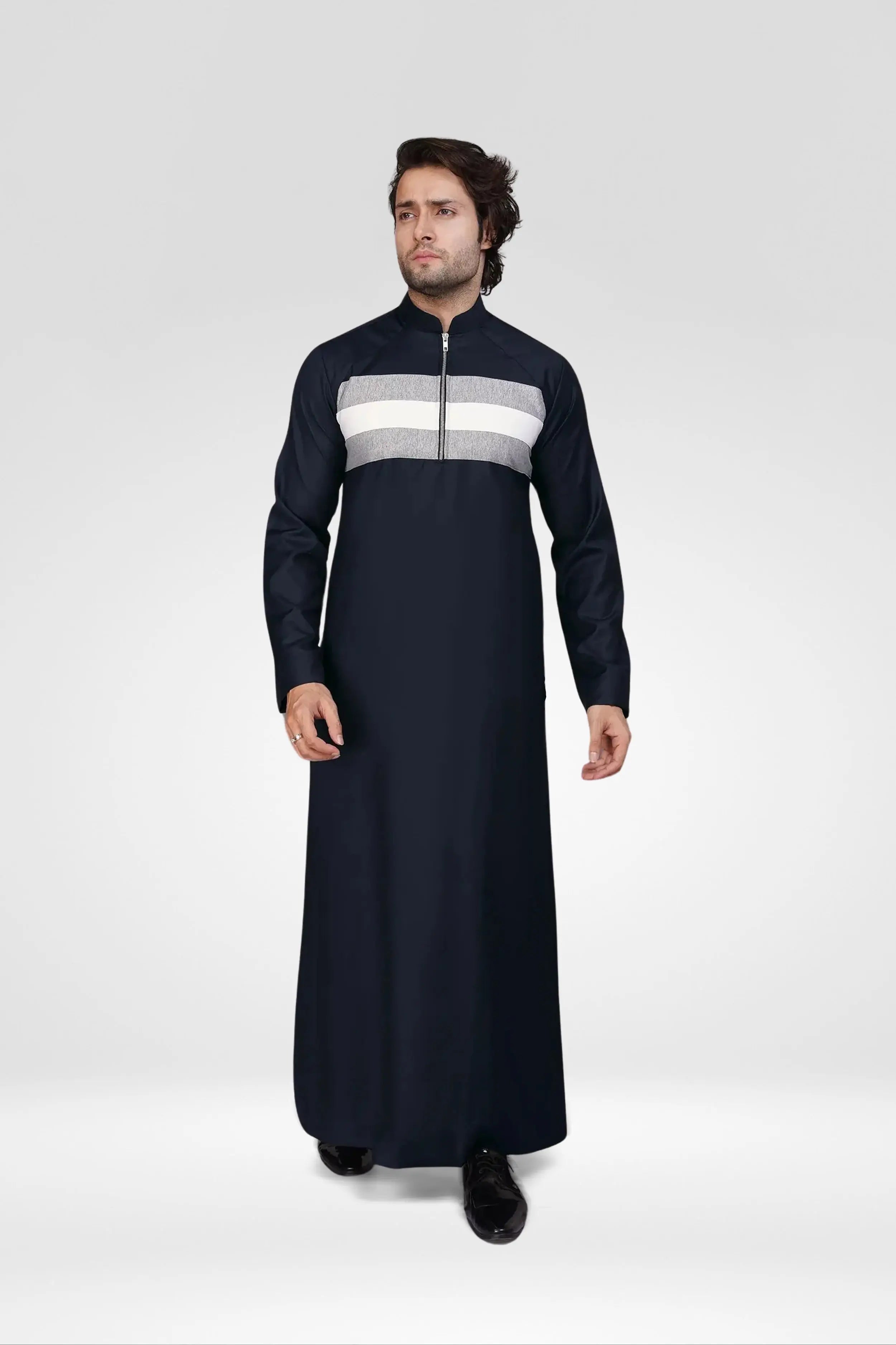 Navy Blue Thobe With Chest Stripe Design & Zipped Collar almanaar