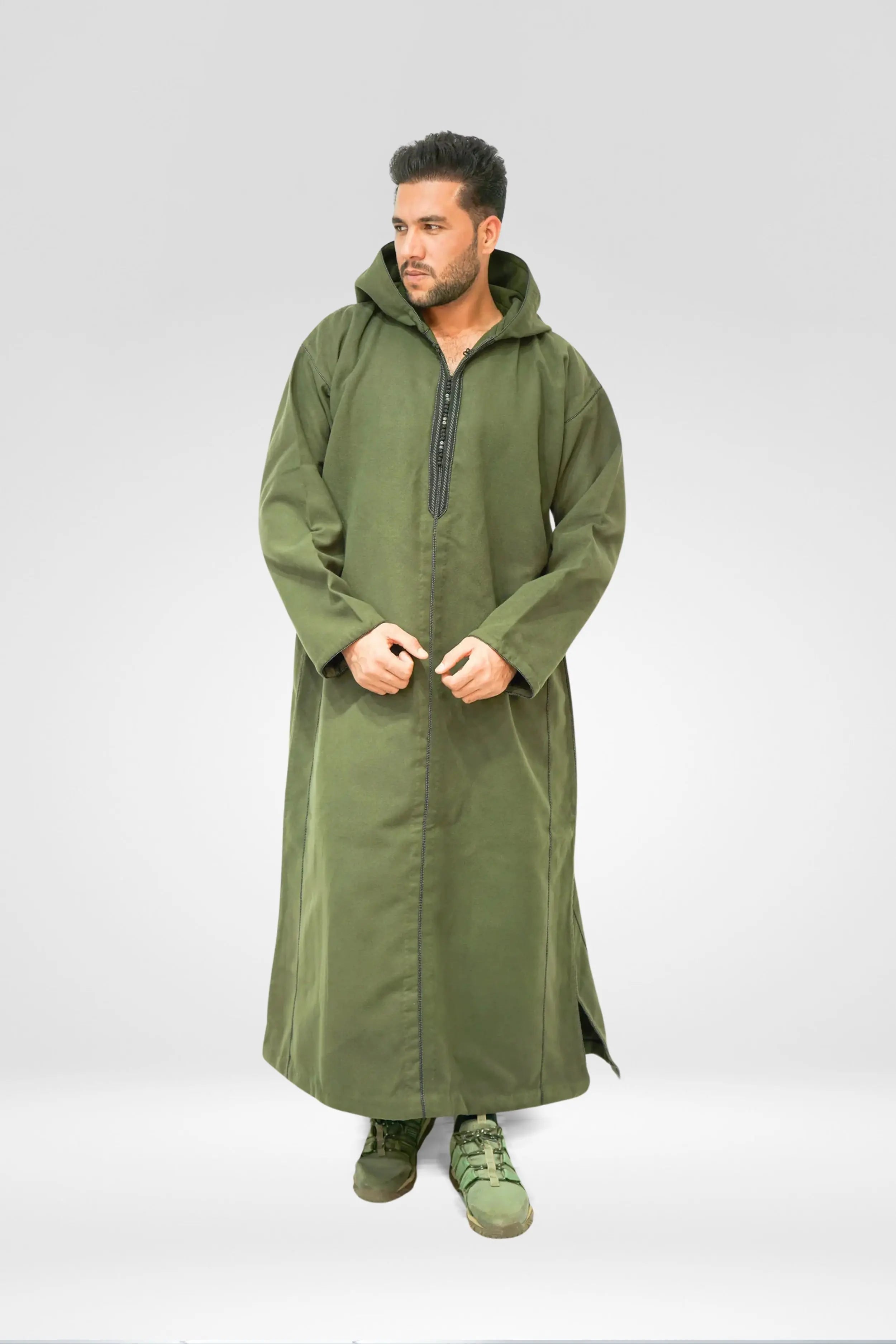 Olive Green Moroccan Woolen Hoodie Winter Thobe almanaar