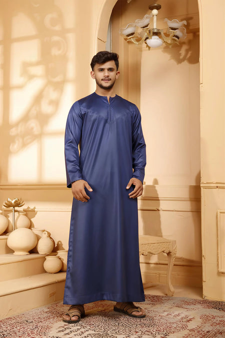 Shiny Blue Omani Thobe Collarless With Zip - almanaar Islamic Store