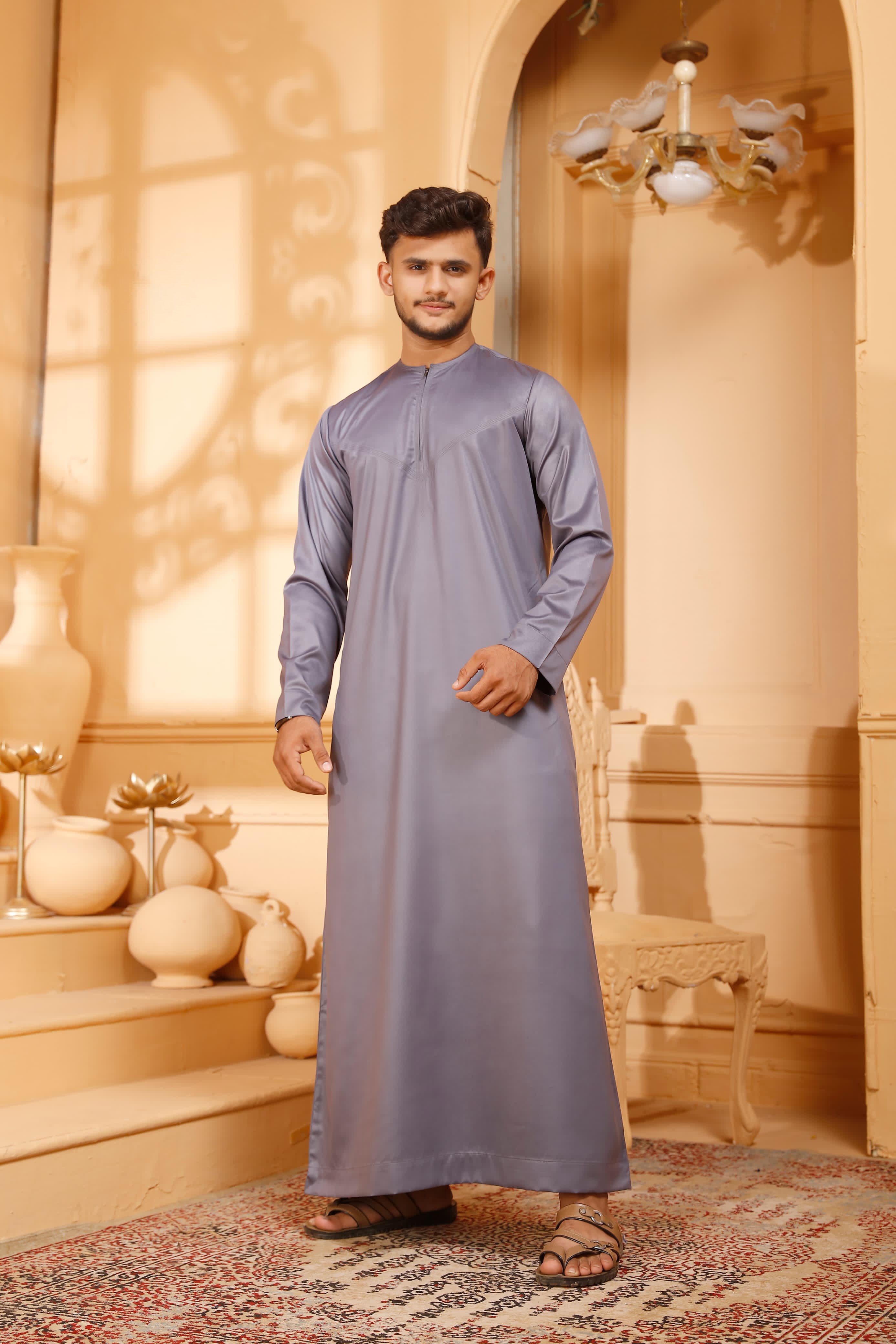 Shiny Grey Omani Thobe Collarless With Zip - almanaar Islamic Store