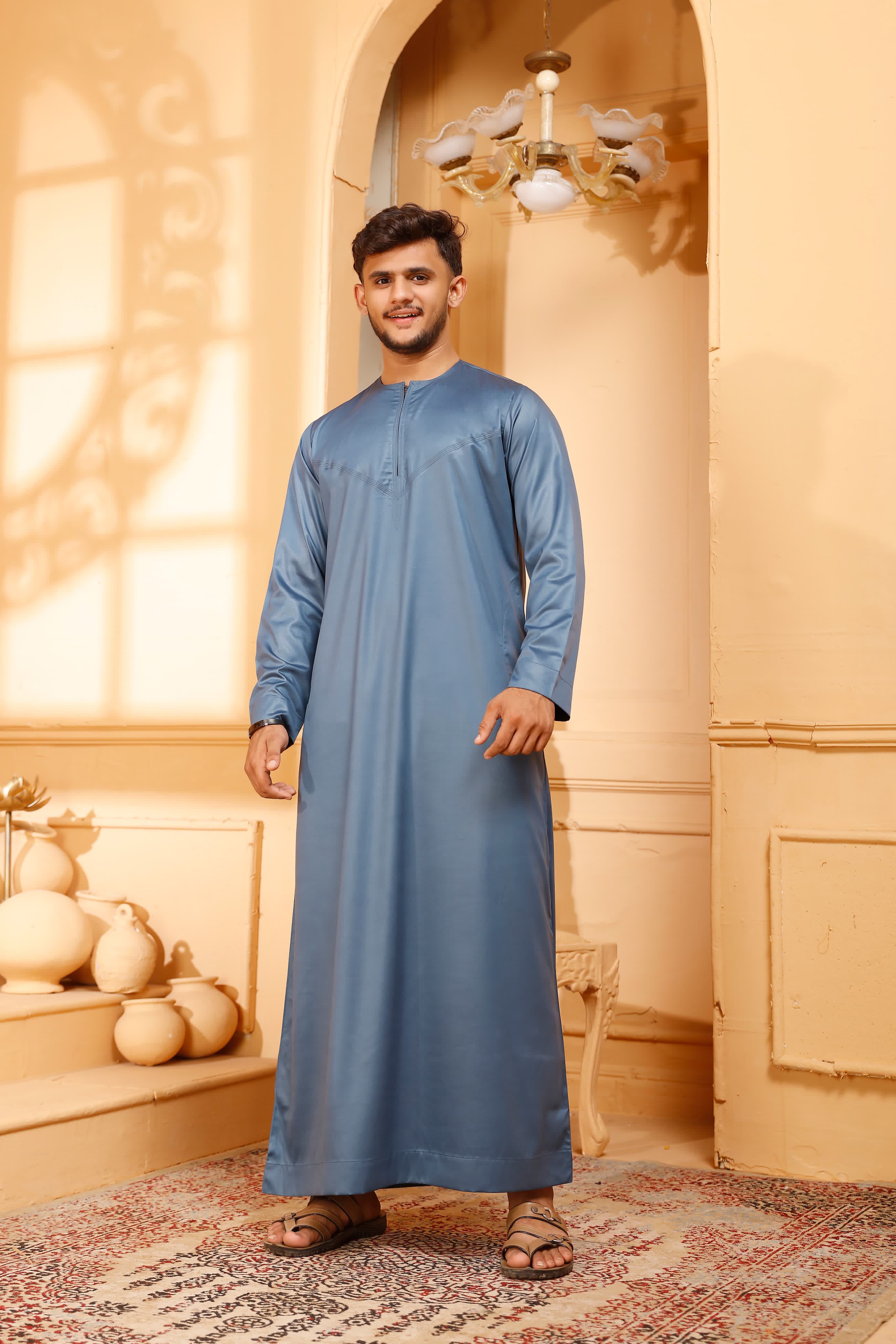 Shiny Teal Omani Thobe Collarless With Zip - almanaar Islamic Store