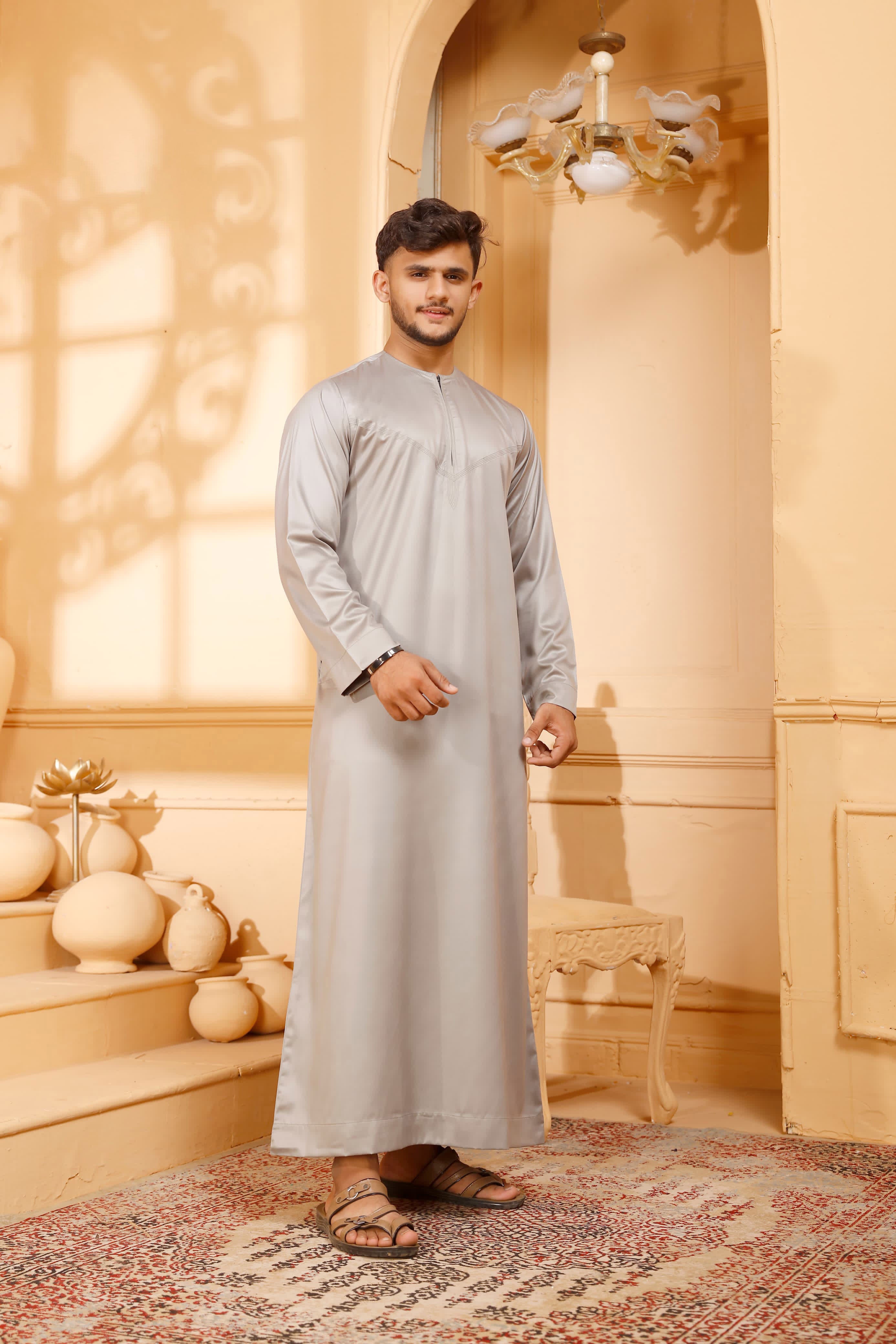 Shiny Olive Omani Thobe Collarless With Zip - almanaar Islamic Store