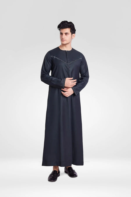 Premium Omani Thobe With Front Zip Charcoal Grey almanaar