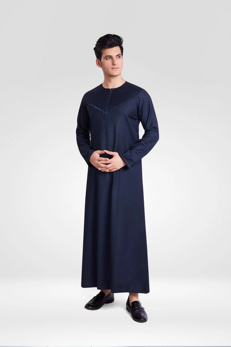 Premium Omani Thobe With Front Zip Navy Blue almanaar