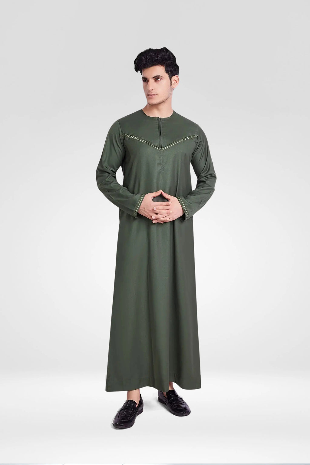 Premium Omani Thobe With Front Zip Olive Green almanaar