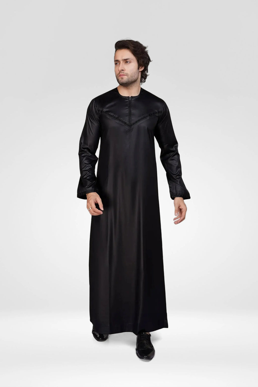 Premium Shiny Omani Thobe With Front Zip Black almanaar