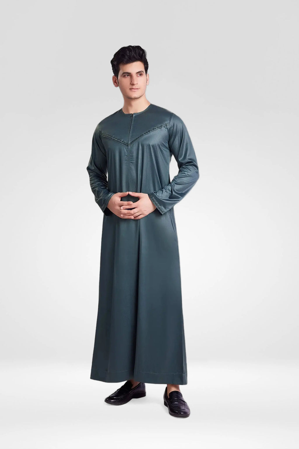 Premium Shiny Omani Thobe With Front Zip Dark Grey almanaar