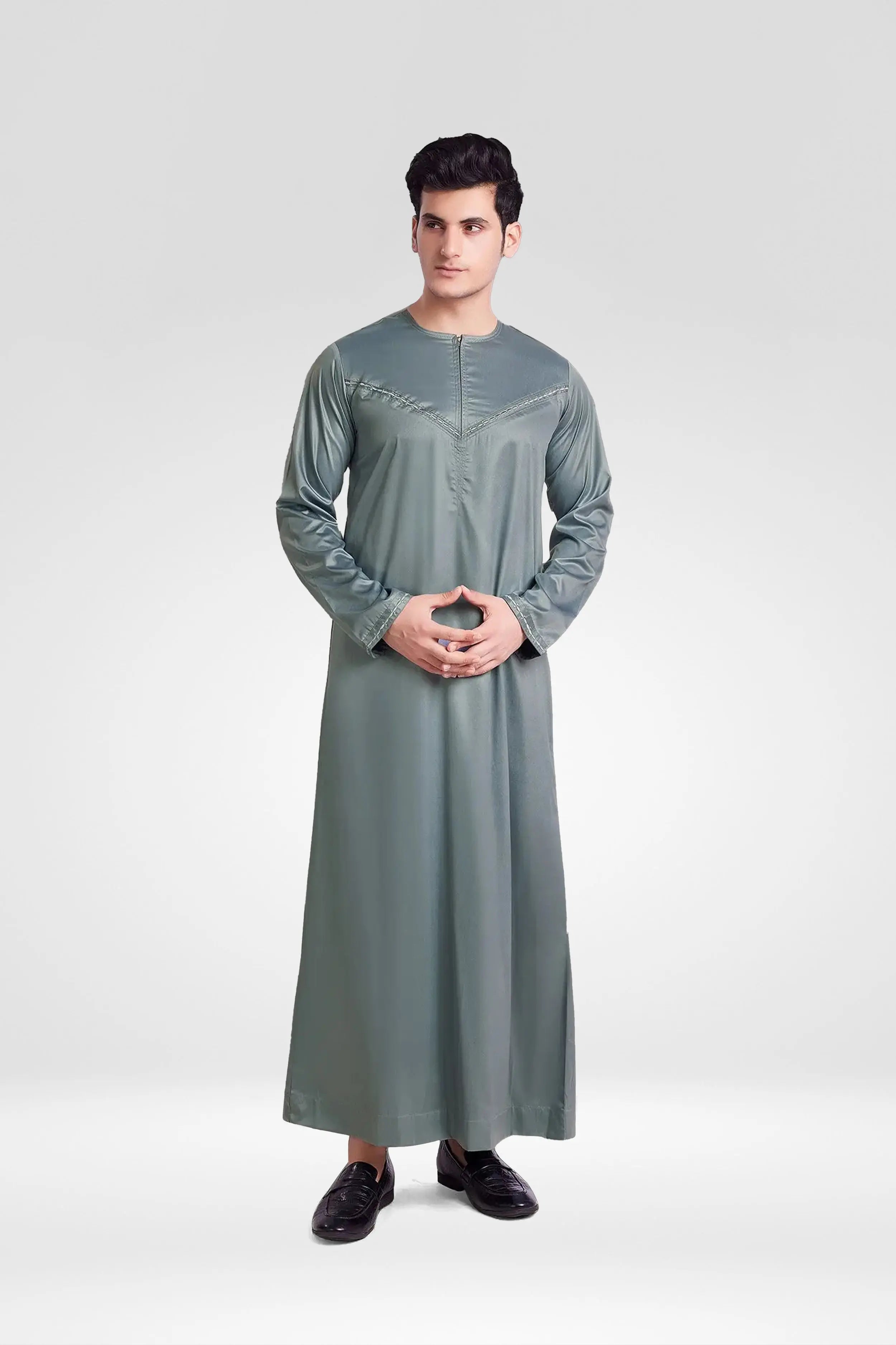 Premium Shiny Omani Thobe With Front Zip Grey almanaar