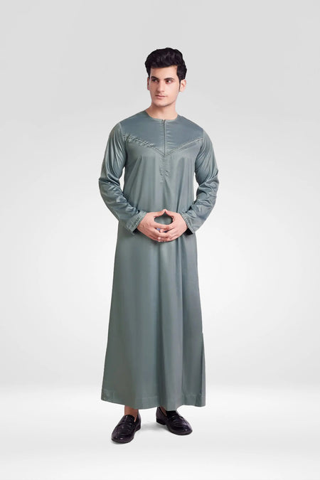 Premium Shiny Omani Thobe With Front Zip Grey almanaar