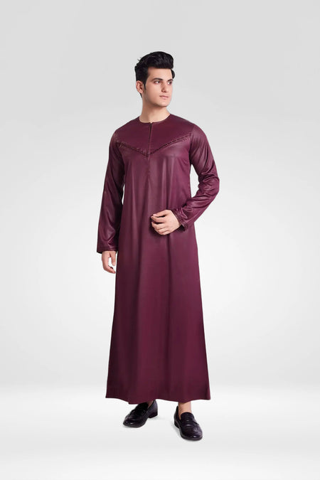 Premium Shiny Omani Thobe With Front Zip Maroon almanaar